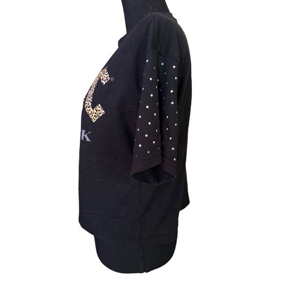 AC⚡️DC Black & Leopard Print Short Sleeved Cropped T-Shirt Back in Black Bedazzl - Picture 5 of 6